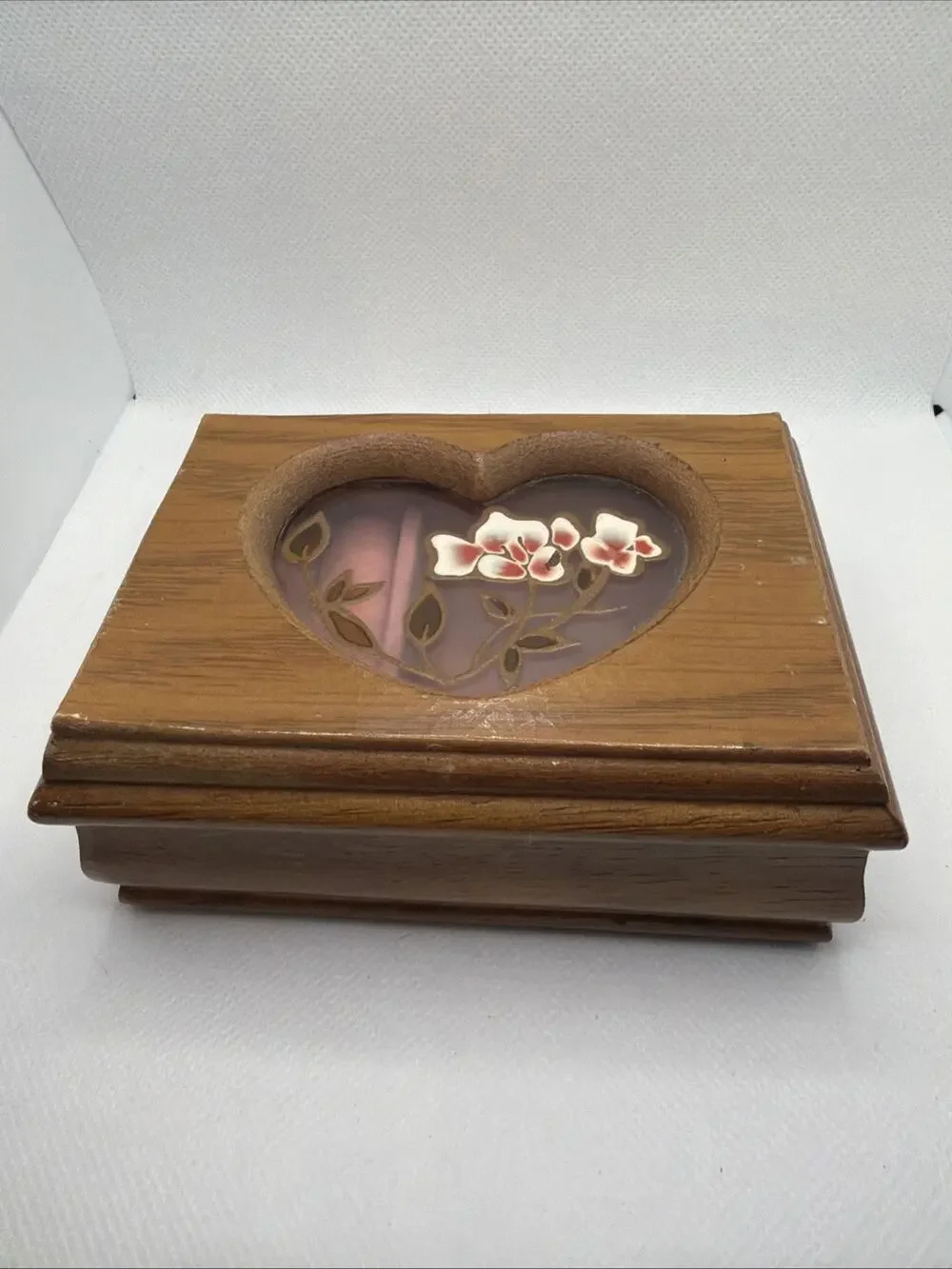 Vintage Wooden Jewelry Box With Glass Heart Floral Ring Storage